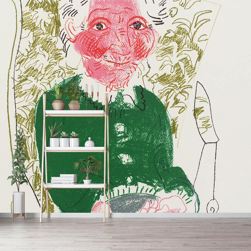 Non-Woven Large Pink-Green Mural Artistic David Hockney Portrait of Mother Wall Decor, Custom Printed Clearhalo 'Wall Decor' 'Wall Mural' 1393319