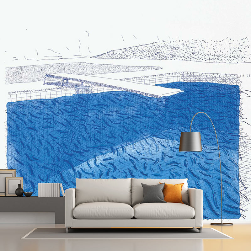 Blue-White Artistry Wallpaper Murals Whole Swimming Pool with Fishes Drawing Wall Decor for Hall Blue-White Clearhalo 'Wall Decor' 'Wall Mural' 1393327