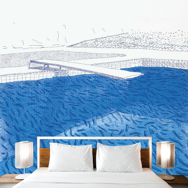 Blue-White Artistry Wallpaper Murals Whole Swimming Pool with Fishes Drawing Wall Decor for Hall Clearhalo 'Wall Decor' 'Wall Mural' 1393328