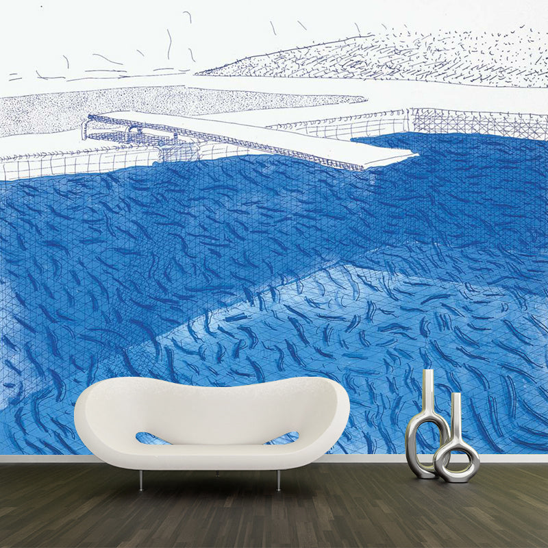 Blue-White Artistry Wallpaper Murals Whole Swimming Pool with Fishes Drawing Wall Decor for Hall Clearhalo 'Wall Decor' 'Wall Mural' 1393329