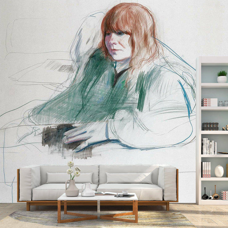 Hockney Pencil Drawing Woman Mural Artistic Smooth Wall Covering in Brown on White Clearhalo 'Wall Decor' 'Wall Mural' 1393344