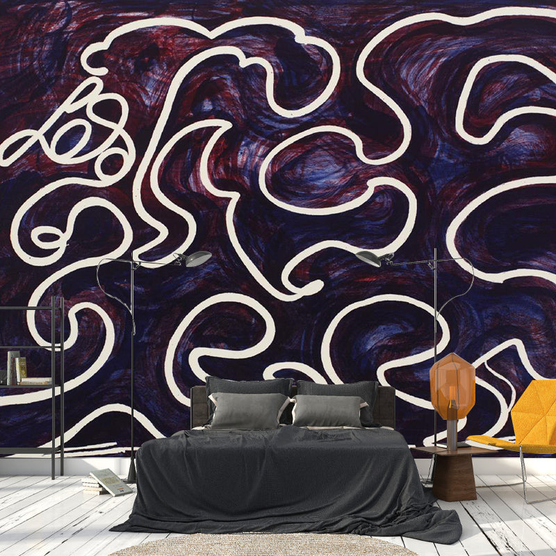 Whole Modern Art Mural Decal in Black-Purple White Lines Dancing in Printing Ink Painting Wall Decor, Optional Size Clearhalo 'Wall Decor' 'Wall Mural' 1393348