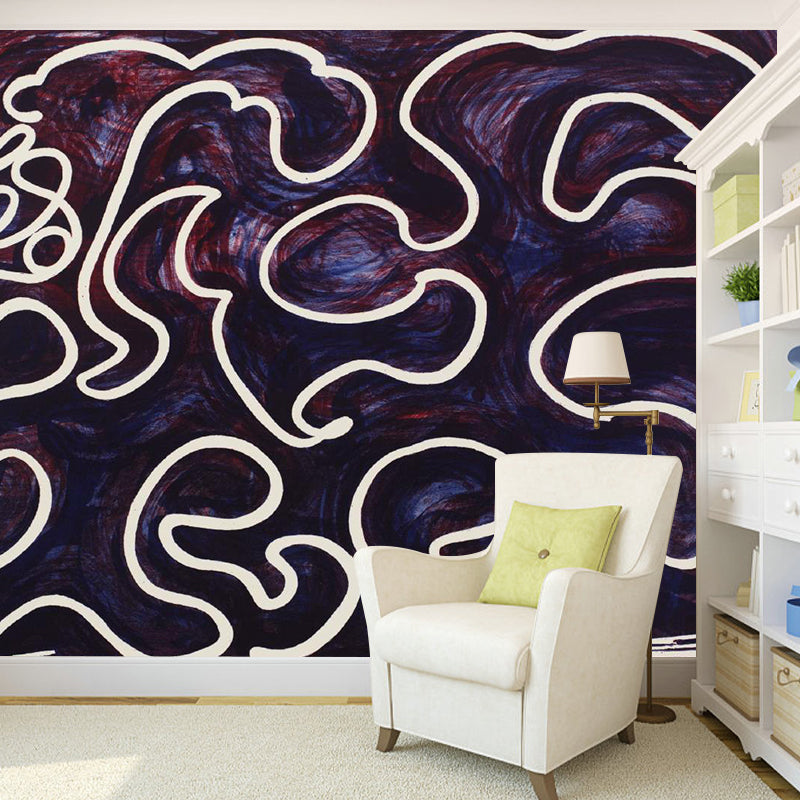 Whole Modern Art Mural Decal in Black-Purple White Lines Dancing in Printing Ink Painting Wall Decor, Optional Size Clearhalo 'Wall Decor' 'Wall Mural' 1393349