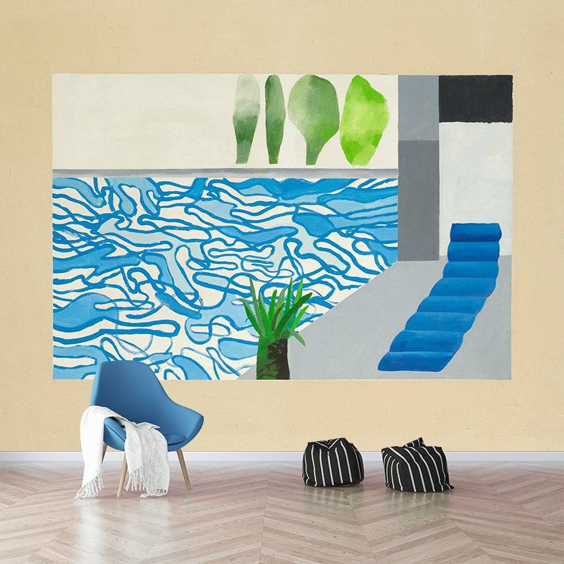 Blue-Green Swimming Pool Murals David Hockney Painting Artistic Waterproof Wall Decoration Blue-Green Clearhalo 'Wall Decor' 'Wall Mural' 1393367