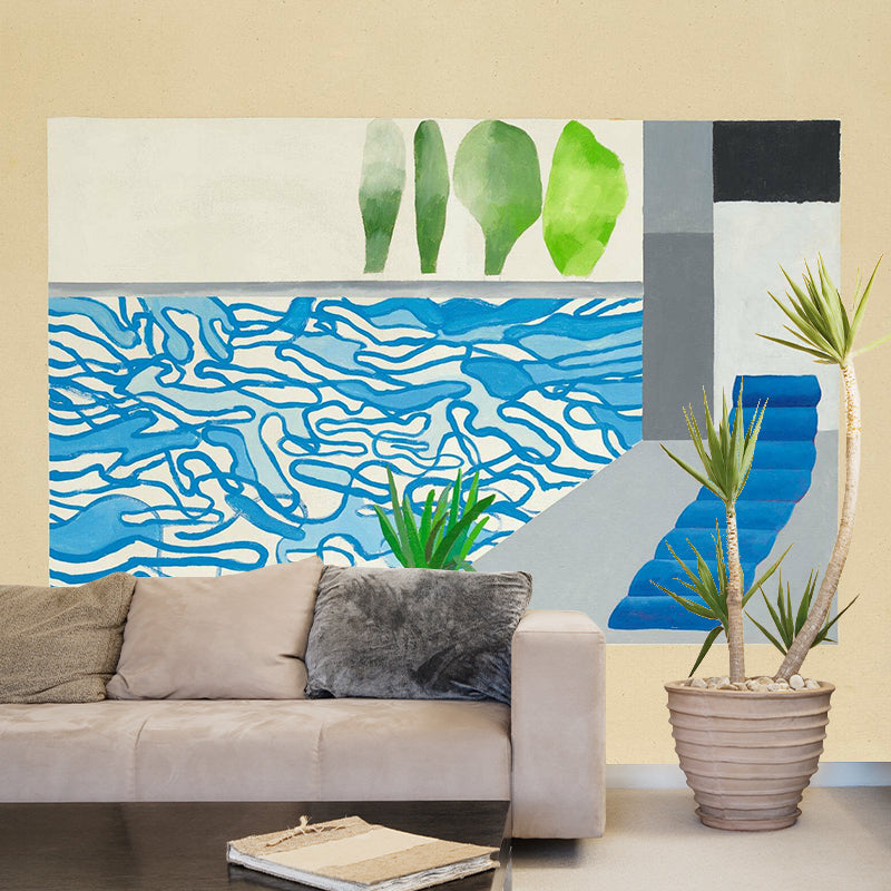 Blue-Green Swimming Pool Murals David Hockney Painting Artistic Waterproof Wall Decoration Clearhalo 'Wall Decor' 'Wall Mural' 1393368