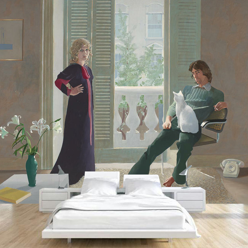 Full Size Modern Art Murals in Brown Hockney Painting of Mr and Mrs Clark and Percy Wall Covering, Custom-Print Brown Clearhalo 'Wall Decor' 'Wall Mural' 1393382