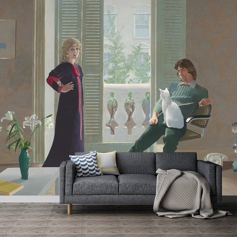 Full Size Modern Art Murals in Brown Hockney Painting of Mr and Mrs Clark and Percy Wall Covering, Custom-Print Clearhalo 'Wall Decor' 'Wall Mural' 1393383