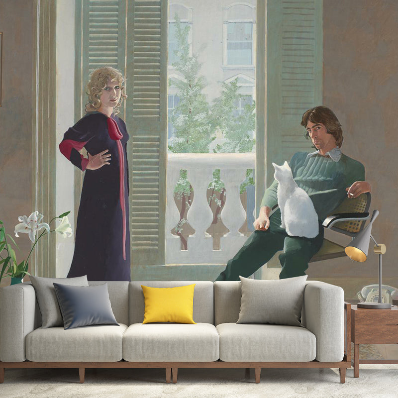 Full Size Modern Art Murals in Brown Hockney Painting of Mr and Mrs Clark and Percy Wall Covering, Custom-Print Clearhalo 'Wall Decor' 'Wall Mural' 1393384