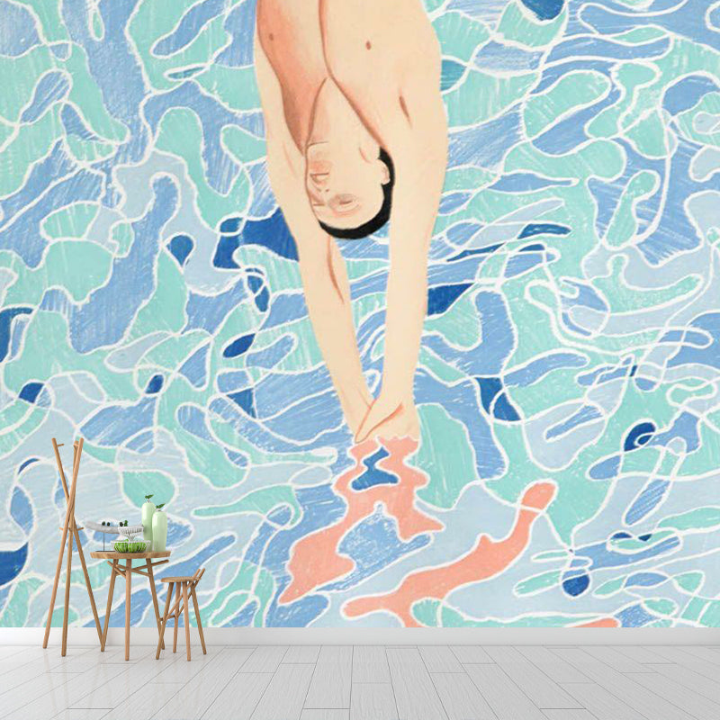 Blue Jumping into Pool Murals Wallpaper Waterproofing Artistic Bathroom Wall Decoration Blue Clearhalo 'Wall Decor' 'Wall Mural' 1393392