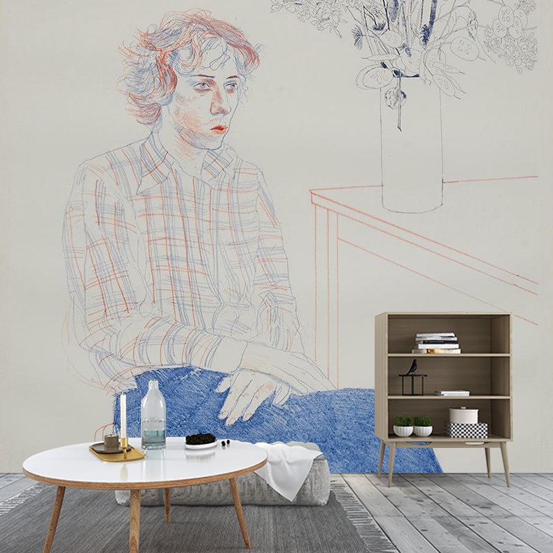 Large Hockney Artwork Mural Decal Artistic An Image of Gregory Wall Covering in Orange-Blue Orange-Blue Clearhalo 'Wall Decor' 'Wall Mural' 1393417