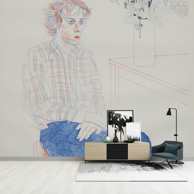 Large Hockney Artwork Mural Decal Artistic An Image of Gregory Wall Covering in Orange-Blue Clearhalo 'Wall Decor' 'Wall Mural' 1393418