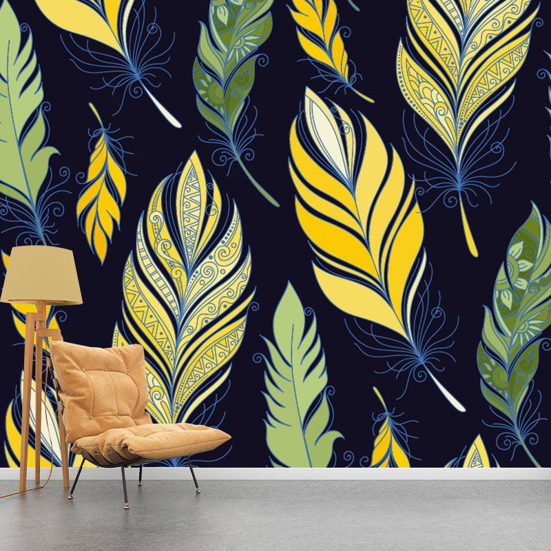 Exotic Feathers Print Wall Murals for Living Room, Yellow-Green, Custom Size Available Yellow-Green Clearhalo 'Wall Decor' 'Wall Mural' 1393462