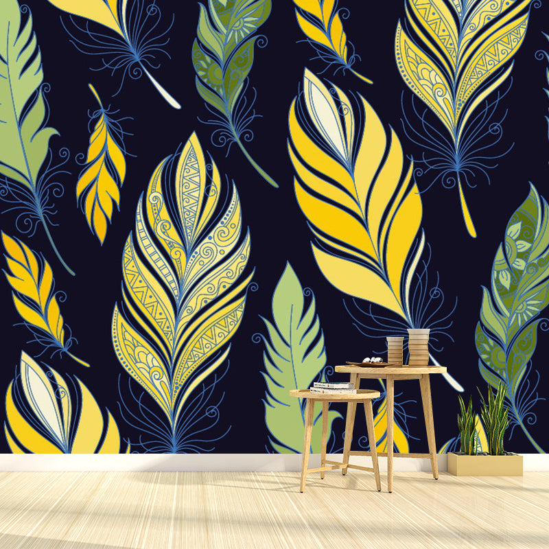 Exotic Feathers Print Wall Murals for Living Room, Yellow-Green, Custom Size Available Clearhalo 'Wall Decor' 'Wall Mural' 1393463