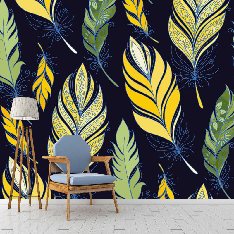 Exotic Feathers Print Wall Murals for Living Room, Yellow-Green, Custom Size Available Clearhalo 'Wall Decor' 'Wall Mural' 1393464