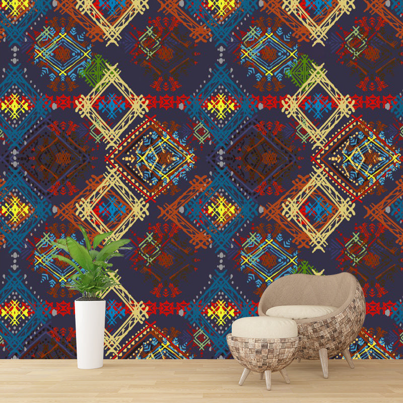 Boho Check Seamless Pattern Mural Decal for Bedroom Personalized Wall Covering in Red-Yellow-Blue Clearhalo 'Wall Decor' 'Wall Mural' 1393493