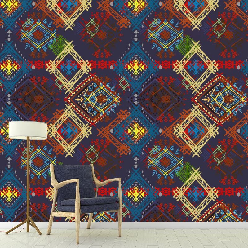 Boho Check Seamless Pattern Mural Decal for Bedroom Personalized Wall Covering in Red-Yellow-Blue Clearhalo 'Wall Decor' 'Wall Mural' 1393494