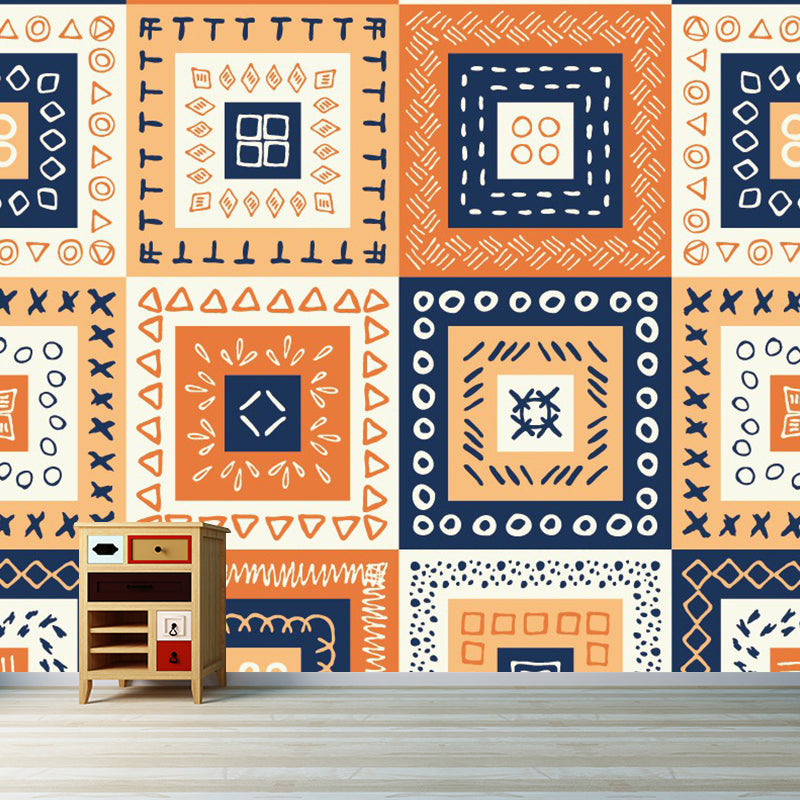 Bohemian Style Squares Wallpaper Mural Blue-Orange-Yellow Bedroom Wall Art, Custom Size Blue-Orange-Yellow Clearhalo 'Wall Decor' 'Wall Mural' 1393497