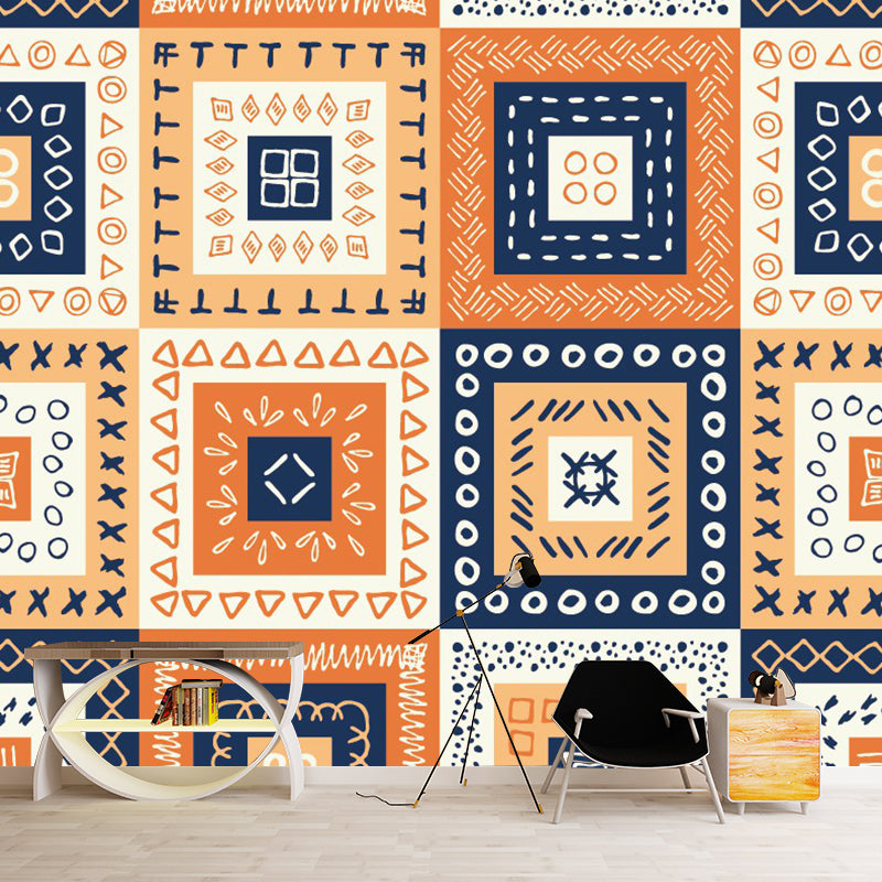 Bohemian Style Squares Wallpaper Mural Blue-Orange-Yellow Bedroom Wall Art, Custom Size Clearhalo 'Wall Decor' 'Wall Mural' 1393498