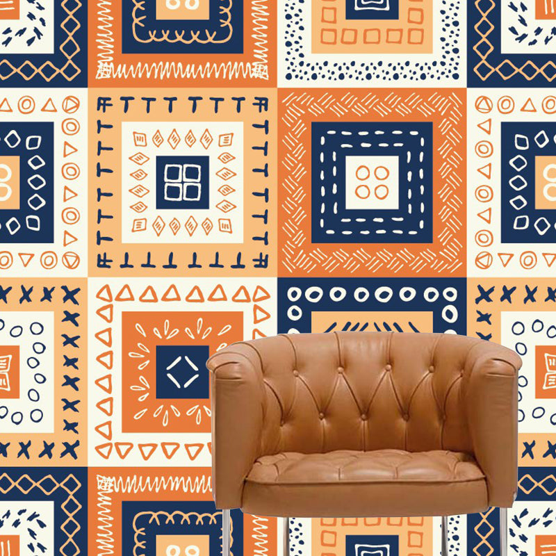 Bohemian Style Squares Wallpaper Mural Blue-Orange-Yellow Bedroom Wall Art, Custom Size Clearhalo 'Wall Decor' 'Wall Mural' 1393499