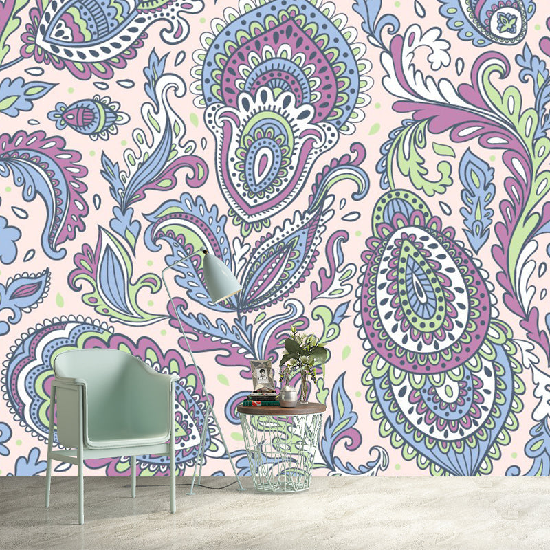 Blue-Purple Boho Chic Mural Wallpaper Extra Large Peacock Elements Wall Art for Bedroom Clearhalo 'Wall Decor' 'Wall Mural' 1393513