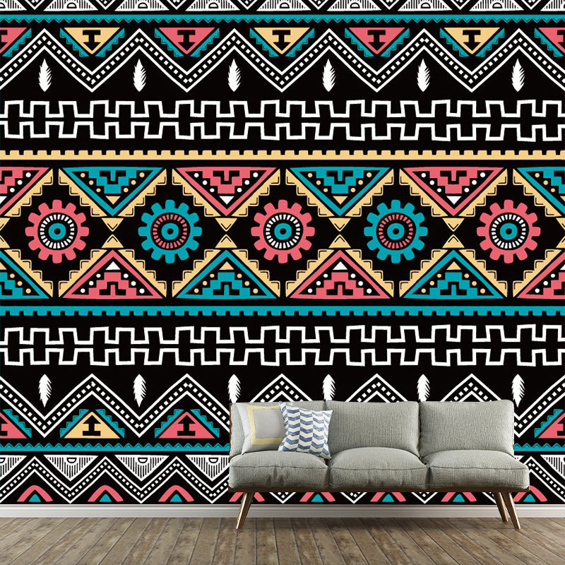 Seamless Tribal Stripe Mural Wallpaper Red-Yellow-Green Bohemian Wall Decor for Home Clearhalo 'Wall Decor' 'Wall Mural' 1393558