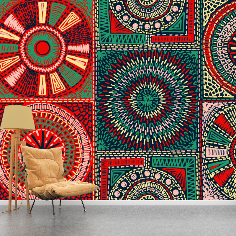 Bohemian Style Floral Wall Mural Red-Yellow-Green Mandala Pattern Wall Art, Customized Size Red-Yellow-Green Clearhalo 'Wall Decor' 'Wall Mural' 1393562