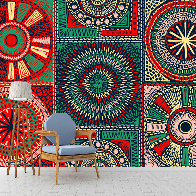 Bohemian Style Floral Wall Mural Red-Yellow-Green Mandala Pattern Wall Art, Customized Size Clearhalo 'Wall Decor' 'Wall Mural' 1393564