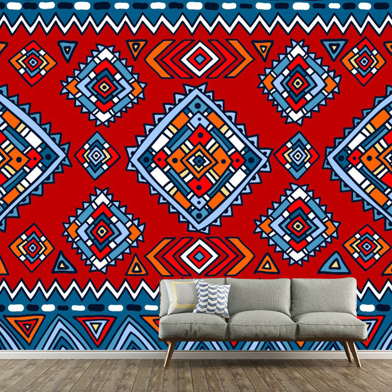 Boho-Chic Zigzag Square Murals Red-Blue Waterproofing Wall Decoration for Bedroom Clearhalo 'Wall Decor' 'Wall Mural' 1393569