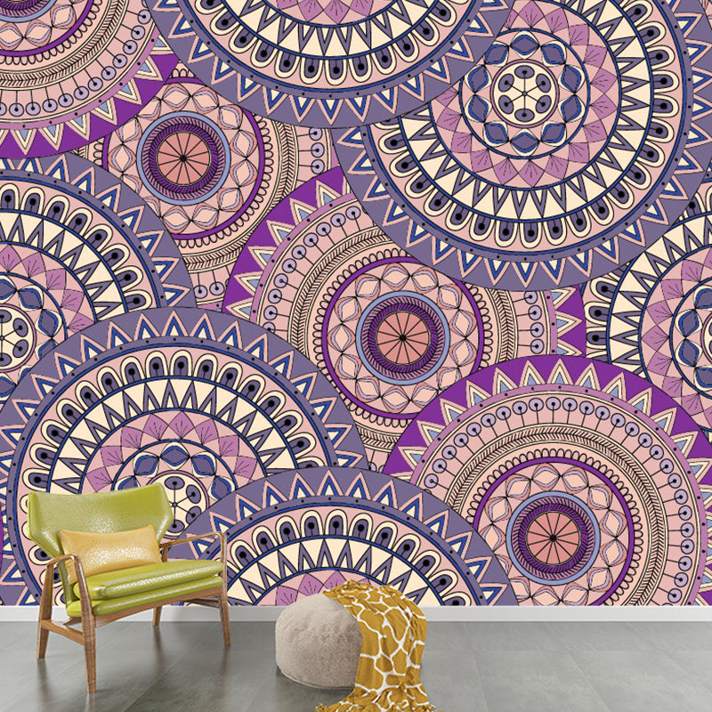 Boho Floral Circles Wall Mural Decal Purple Moisture Resistant Wall Covering for Bedroom Purple Clearhalo 'Wall Decor' 'Wall Mural' 1393587