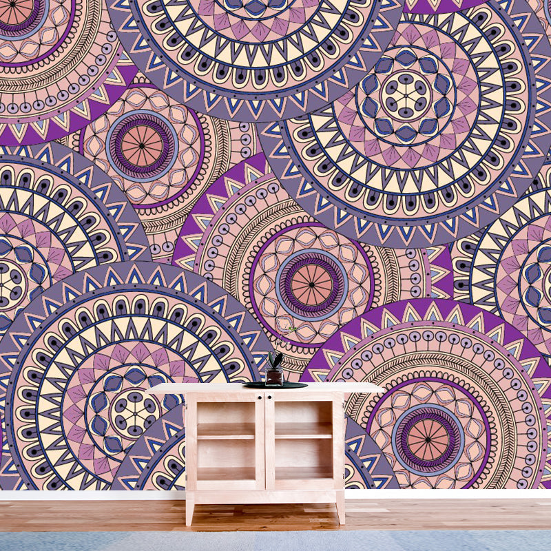 Boho Floral Circles Wall Mural Decal Purple Moisture Resistant Wall Covering for Bedroom Clearhalo 'Wall Decor' 'Wall Mural' 1393588