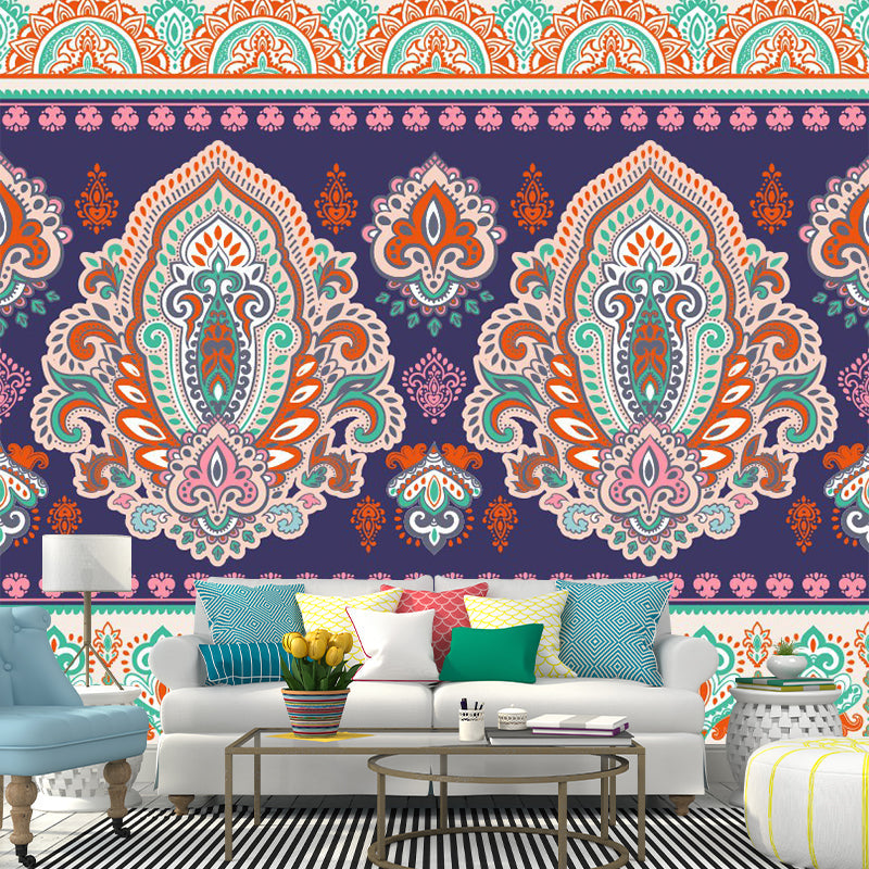 Boho Tribal Medallion Mural Decal for Living Room Personalized Wall Art in Orange-Green Orange-Green Clearhalo 'Wall Decor' 'Wall Mural' 1393617