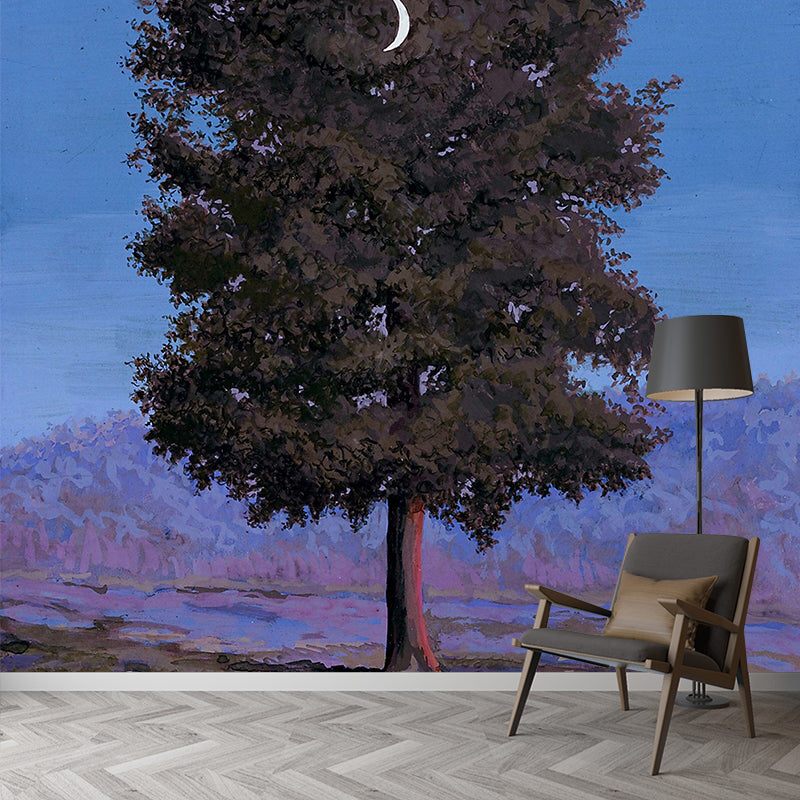 Grey-Blue Surrealistic Mural Wallpaper Large Waxing Moon Hang in Tree Painting Wall Decor for Home Gray-Blue Clearhalo 'Wall Decor' 'Wall Mural' 1393647