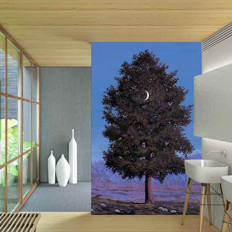 Grey-Blue Surrealistic Mural Wallpaper Large Waxing Moon Hang in Tree Painting Wall Decor for Home Clearhalo 'Wall Decor' 'Wall Mural' 1393649