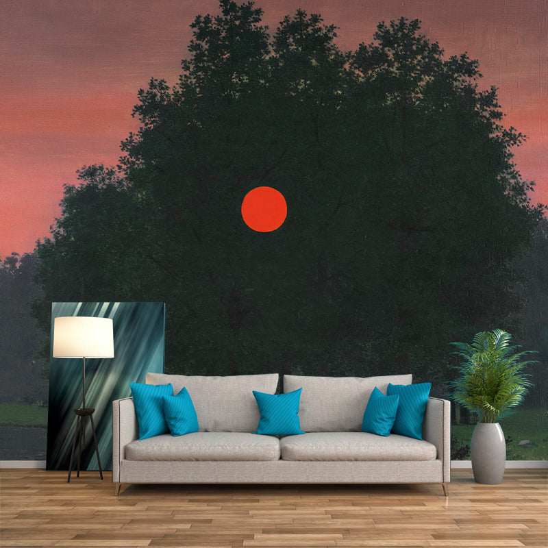 Illustration Forest Sunset Wall Murals for Living Room, Black-Pink, Custom Size Available Clearhalo 'Wall Decor' 'Wall Mural' 1393659