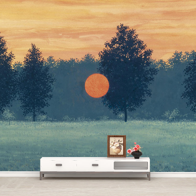 Sunset over a Lawn Murals in Yellow-Green Surreal Wall Covering for Home Decoration Yellow-Green Clearhalo 'Wall Decor' 'Wall Mural' 1393662