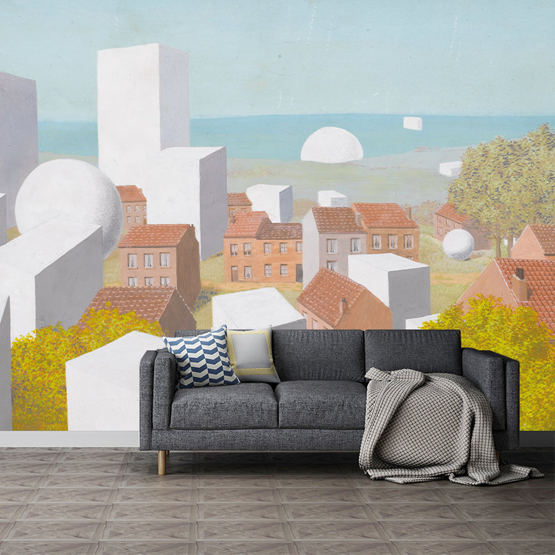 Orange-Yellow Surrealist Wallpaper Murals Full-Size Coastal Town Painting Wall Decor for Home Orange-Yellow Clearhalo 'Wall Decor' 'Wall Mural' 1393682