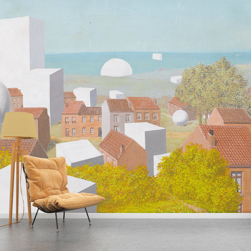 Orange-Yellow Surrealist Wallpaper Murals Full-Size Coastal Town Painting Wall Decor for Home Clearhalo 'Wall Decor' 'Wall Mural' 1393684