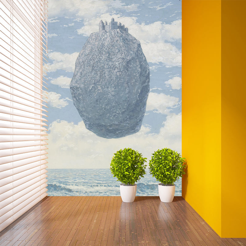 Moving Rock Castle Wall Murals Surrealistic Stain-Proof Living Room Wall Covering, Custom Made Blue-White Clearhalo 'Wall Decor' 'Wall Mural' 1393687