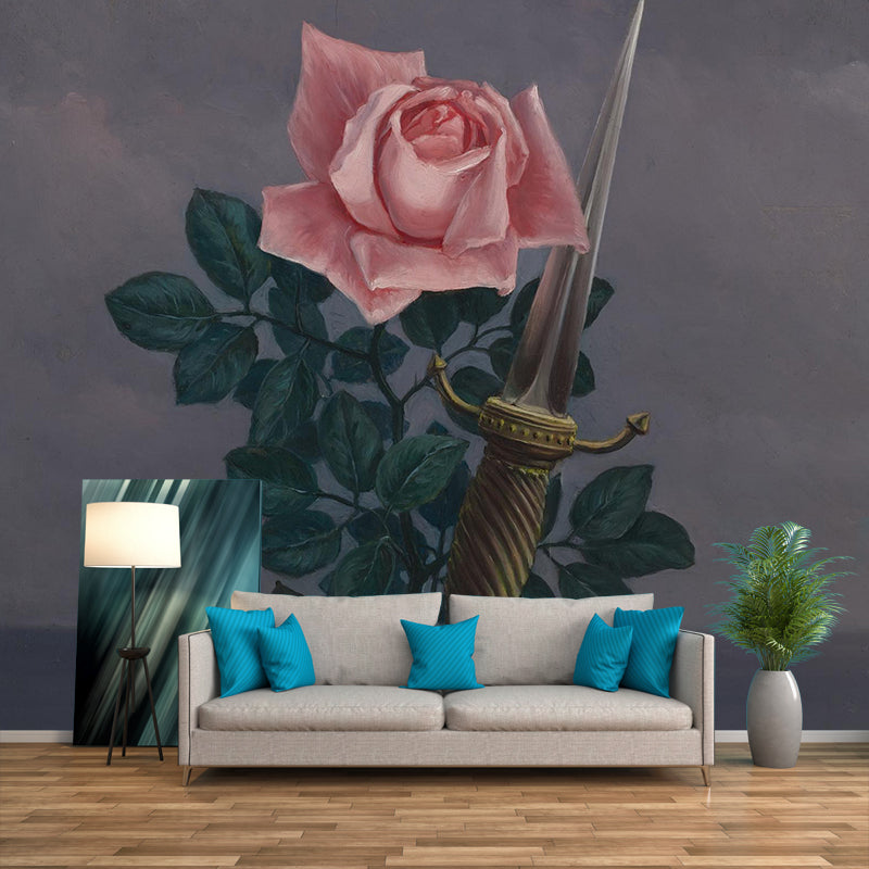 Art Rose and Knight Murals Wallpaper Surreal Non-Woven Fabric Wall Decor in Pink-Green Pink-Green Clearhalo 'Wall Decor' 'Wall Mural' 1393712