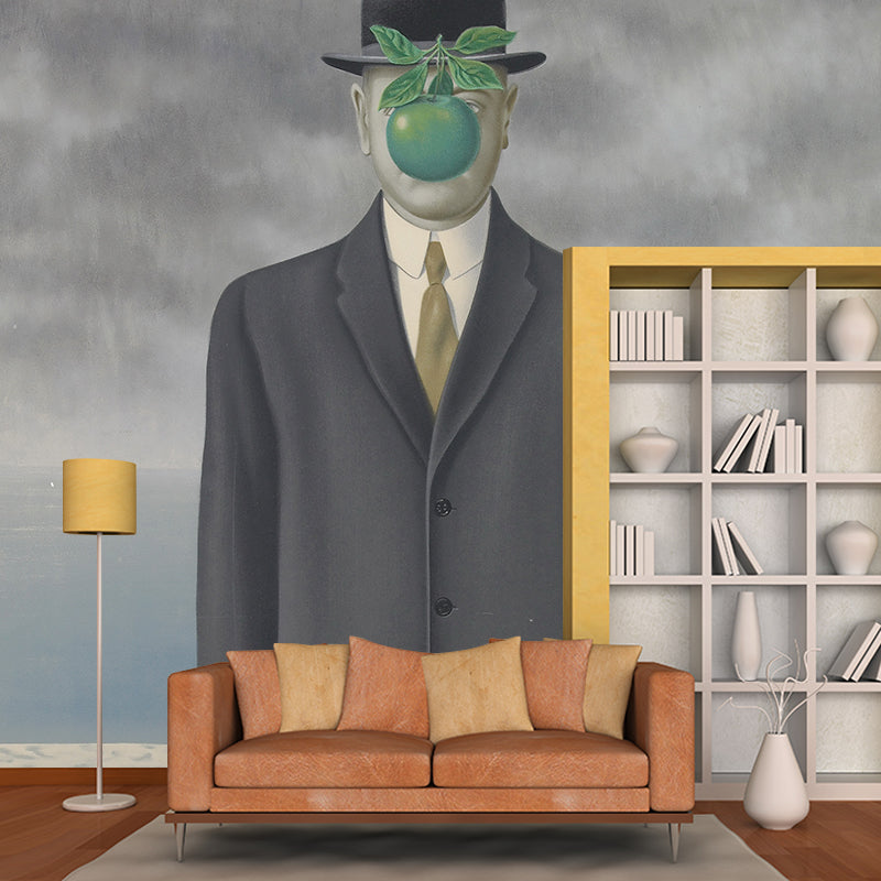 Smooth Whole Grey-Green Murals Surreal Rene The Son of Man Painting Wall Decor, Optional Size Gray-Green Clearhalo 'Wall Decor' 'Wall Mural' 1393727