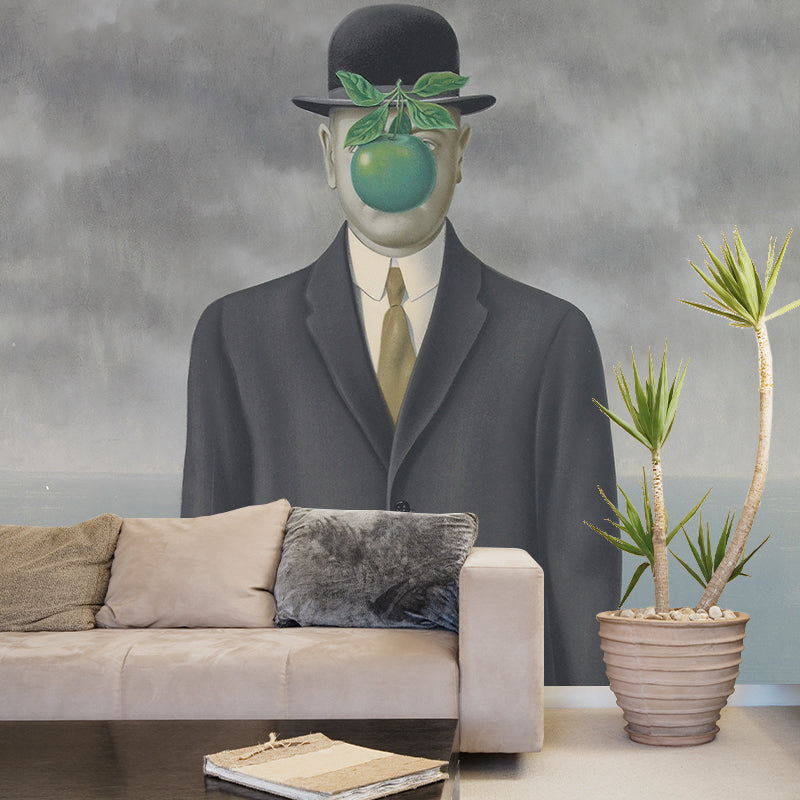 Smooth Whole Grey-Green Murals Surreal Rene The Son of Man Painting Wall Decor, Optional Size Clearhalo 'Wall Decor' 'Wall Mural' 1393728