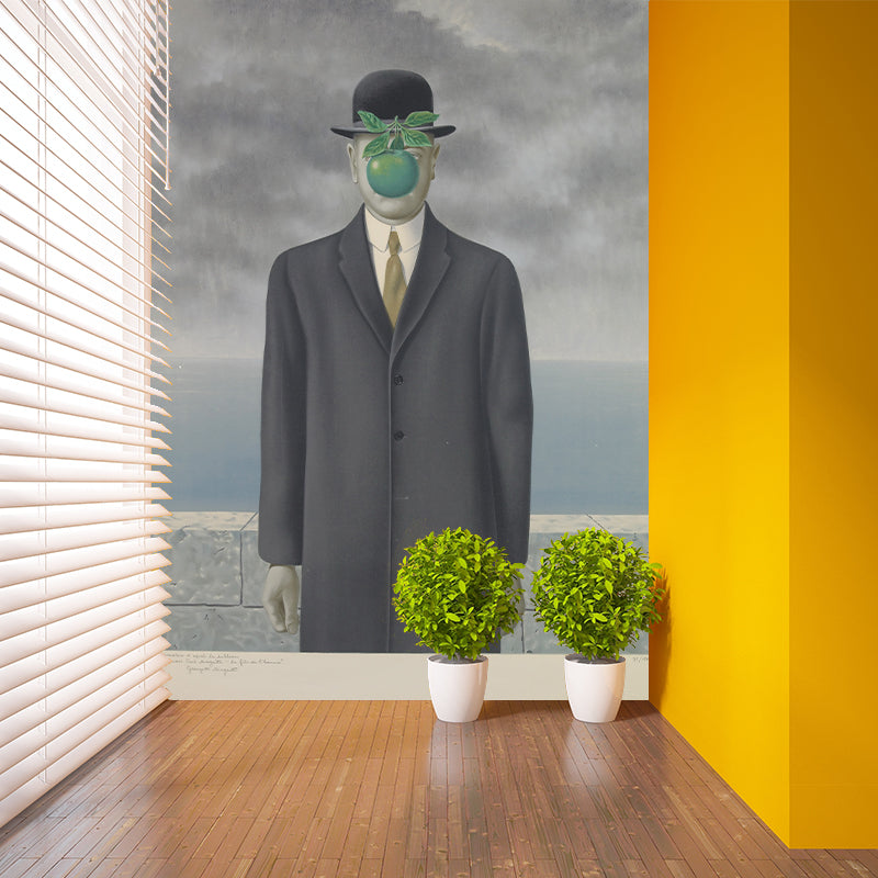 Smooth Whole Grey-Green Murals Surreal Rene The Son of Man Painting Wall Decor, Optional Size Clearhalo 'Wall Decor' 'Wall Mural' 1393729