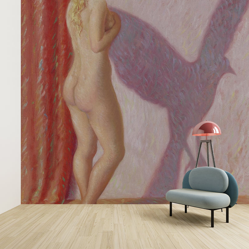 Red Brown Surrealistic Wallpaper Mural Whole Woman with Bird Shadow Drawing Wall Art for Home Red Brown Clearhalo 'Wall Decor' 'Wall Mural' 1393772