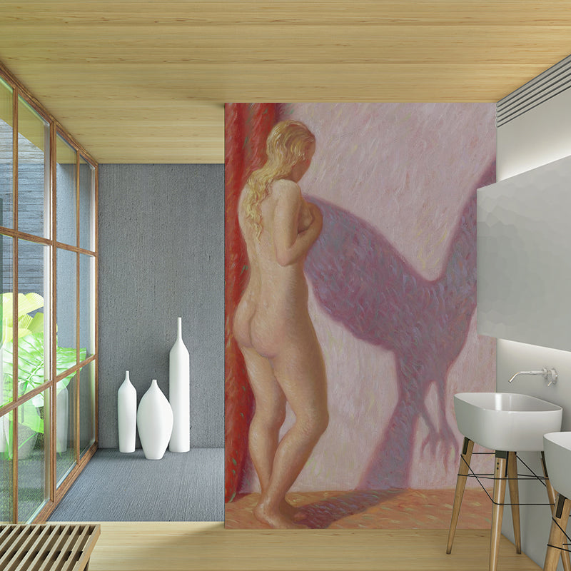 Red Brown Surrealistic Wallpaper Mural Whole Woman with Bird Shadow Drawing Wall Art for Home Clearhalo 'Wall Decor' 'Wall Mural' 1393774