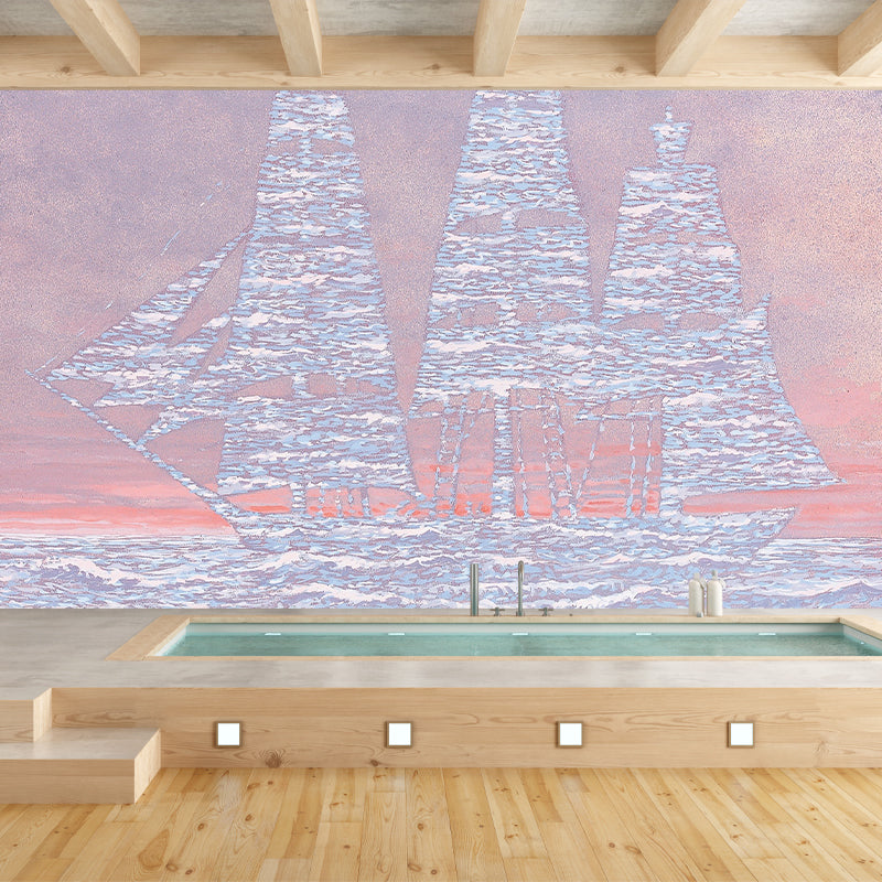 Big Sailing Ship Wallpaper Murals Surrealism Inspiring Artwork Wall Covering in Pink-Blue Clearhalo 'Wall Decor' 'Wall Mural' 1393788