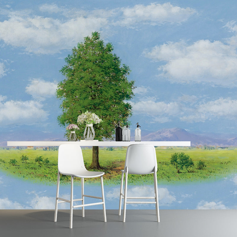 Surreal Floating Grassland Wall Murals Blue and Green Art Painting Wall Decoration Blue-Green Clearhalo 'Wall Decor' 'Wall Mural' 1393797