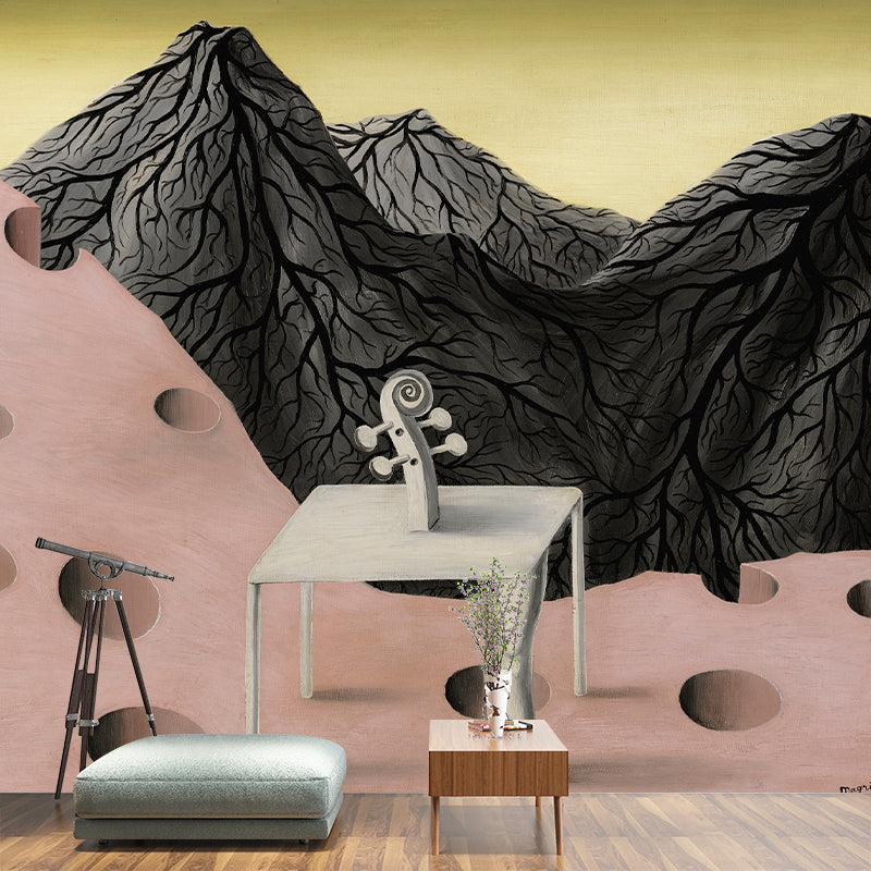 Custom Size Illustration Surreal Murals with The Roof of the World Painting, Black-Pink Clearhalo 'Wall Decor' 'Wall Mural' 1393804