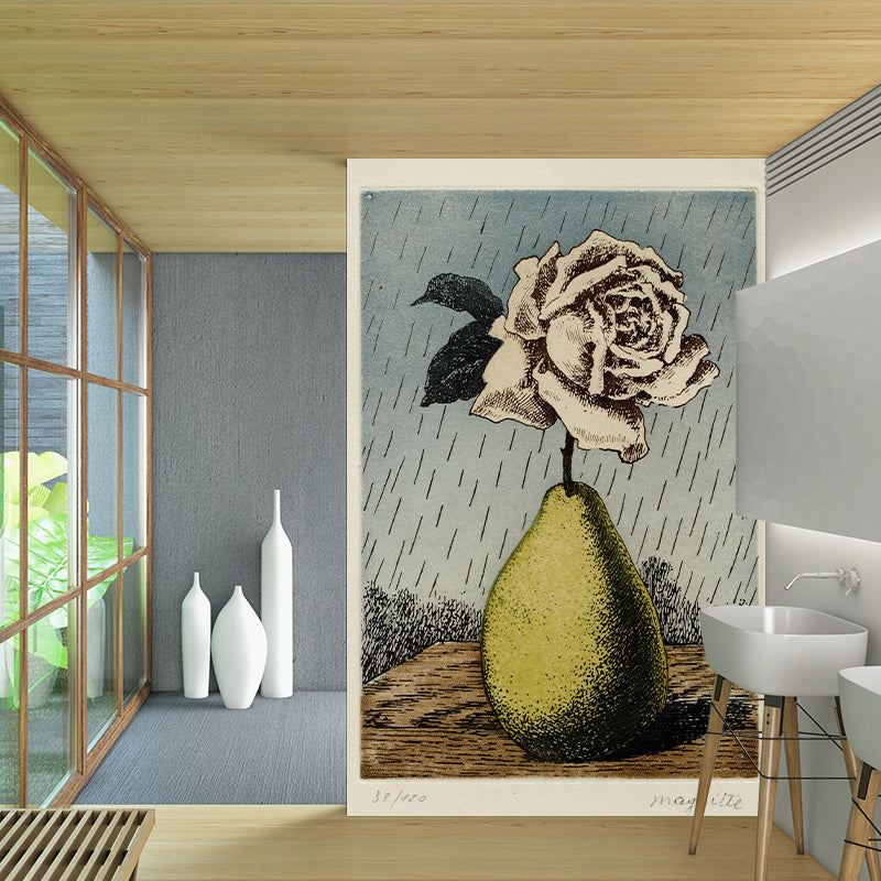 Giant Surrealist Wall Paper Murals Grey-Yellow Pear Vase with Blossom Rose Wall Covering, Size Optional Gray-Yellow Clearhalo 'Wall Decor' 'Wall Mural' 1393867