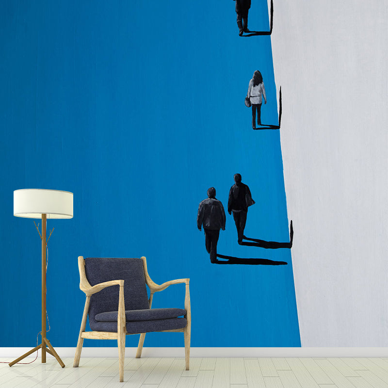 Illustration Pedestrian Painting Murals Large Wall Covering for Home, Made to Measure Blue-White Clearhalo 'Wall Decor' 'Wall Mural' 1394725