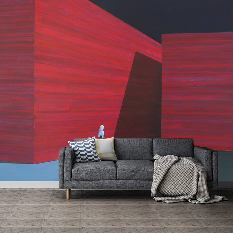 Modern Office Lady Murals Red and Blue Solitude Artwork Wall Covering for Bedroom Red-Blue Clearhalo 'Wall Decor' 'Wall Mural' 1394745